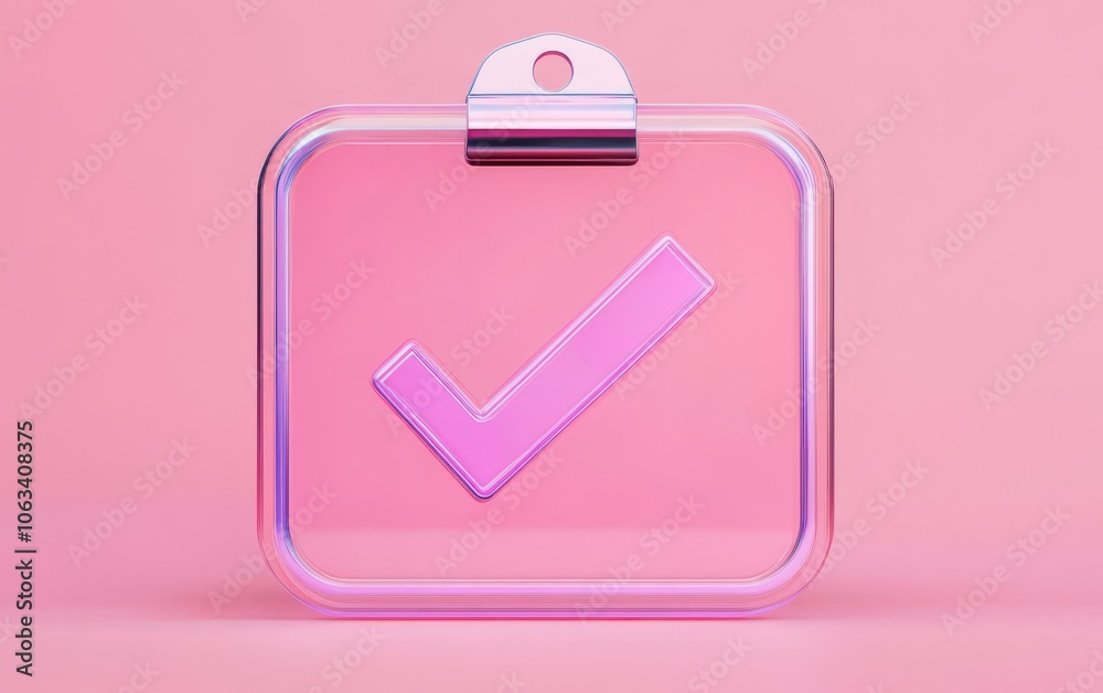 A clear, pink checklist icon with a check mark symbolizes completion and success on a soft, pastel background. A clear, pink checklist icon with a check mark symbolizes completion and success on a soft, pastel background.