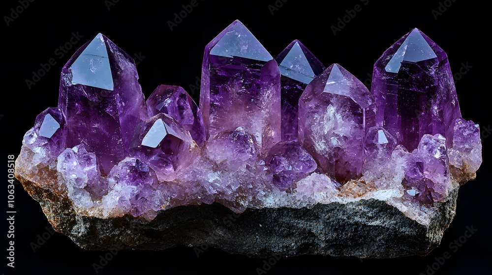 Deep purple amethyst crystal cluster showcasing natural mineral formations, geometric crystal points, and translucent gemstone texture captured with dramatic lighting. Deep purple amethyst crystal cluster showcasing natural mineral formations, geometric crystal points, and translucent gemstone texture captured with dramatic lighting.