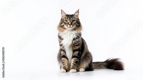 Stunning grey and white Maine Coon cat in a close-up on a clean white background, with striking eyes and fluffy fur texture