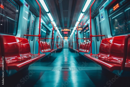 The interior of a modern train showcases red seating with neon lights illuminating the space