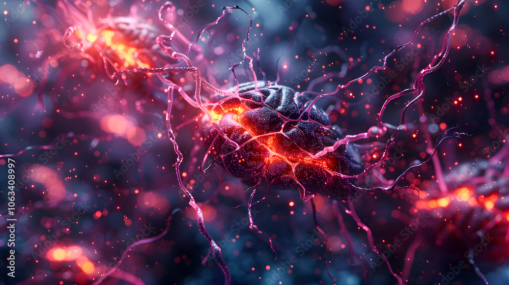 Neurons cells concept, close up view of neuron cells transmitting a signal, microscopic body cells, stem cells research Neurons cells concept, close up view of neuron cells transmitting a signal, microscopic body cells, stem cells research