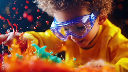 Curious child in safety goggles joyfully playing with colorful paints, inspiring creativity and artistic exploration in a fun environment. photo