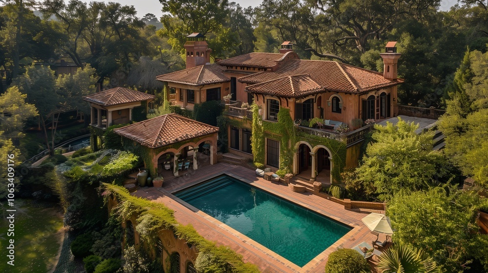 A stunning villa features elegant architecture and a serene pool area, nestled among trees A stunning villa features elegant architecture and a serene pool area, nestled among trees