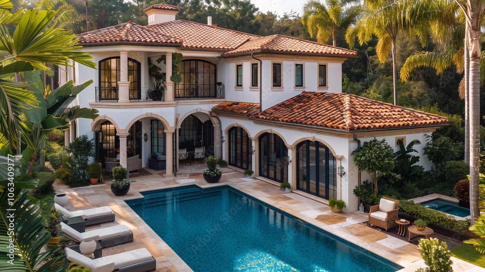 Fototapeta premium An exquisite property with a large pool, lush plants, and elegant architecture