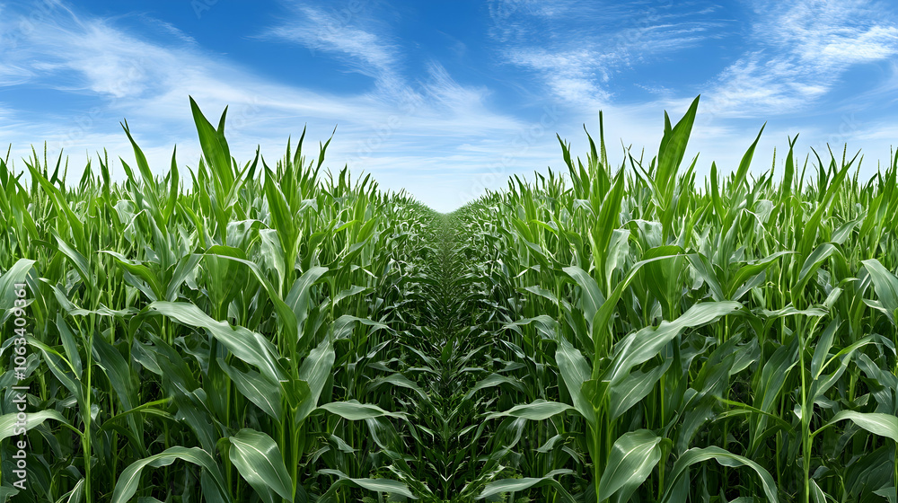 Fototapeta premium Cornfield Path, maize, pathway, rows, green, leaves
