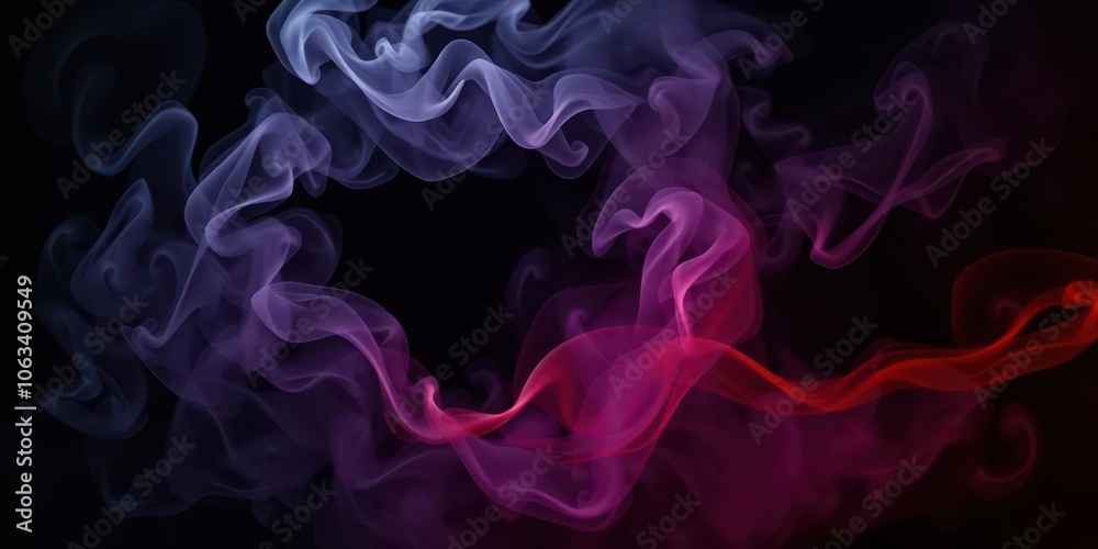 Obraz premium Abstract swirls of smoke rotating under colorful lights against a black background, rotation, lights