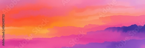 Abstract watercolor background featuring a vivid sunset sky in shades of orange and purple, texture, watercolor