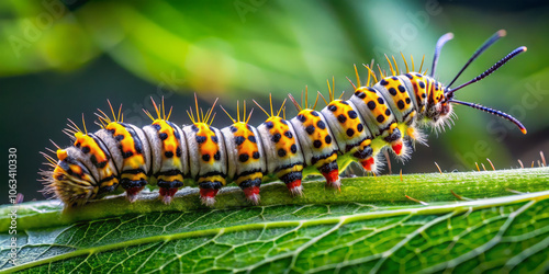 The vibrant caterpillar, adorned with orange and black patterns, traverses a leaf in a thriving forest, highlighting the beauty of nature's creatures