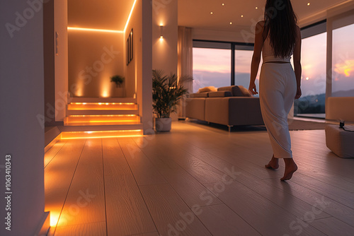 A woman in a white outfit walks barefoot on wooden flooring in a beautifully lit living room. Warm light accents the stairs as the sun sets behind panoramic windows, creating a cozy atmosphere photo