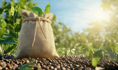 A burlap sack among coffee beans and green leaves in sunlight.