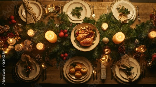 The festive table is adorned with Christmas dishes, candles, and garlands, creating a warm atmosphere for holiday celebrations. Generative AI