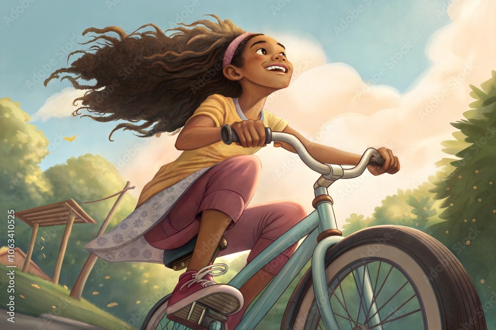 A girl in a yellow shirt and pink pants is riding a light blue bicycle with white tires. In the background is a clear sky with clouds, green trees and a wooden structure, possibly a swing. A girl in a yellow shirt and pink pants is riding a light blue bicycle with white tires. In the background is a clear sky with clouds, green trees and a wooden structure, possibly a swing.