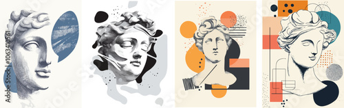 Antique statue head in a modern minimalist style collage set Contemporary art concept collage with antique statue head in a modern minimalist style Great for interior design social media and wall art