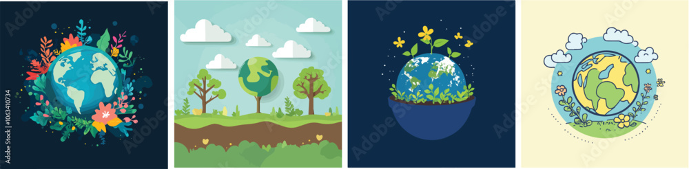 Naklejka premium Earth Day environment nature conservation eco friendly sustainable globe green planet flowers trees clouds world environment day ecology climate change global warming pollution recycle renewable
