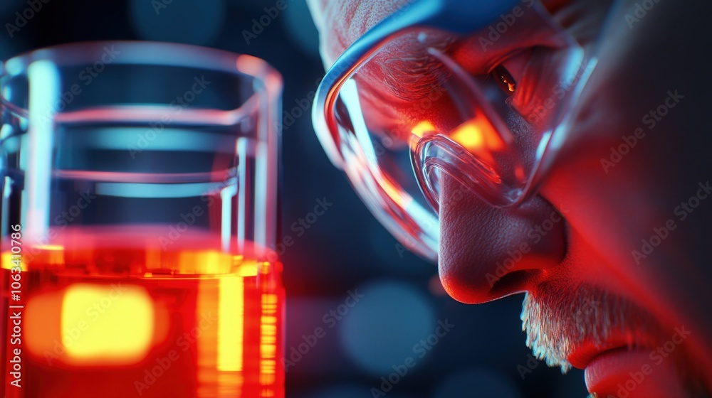 Scientist examining a glowing red liquid in a glass, showcasing intense focus and innovation in a laboratory setting. Scientist examining a glowing red liquid in a glass, showcasing intense focus and innovation in a laboratory setting.
