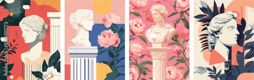Antique statues and flowers Contemporary art collage Ancient sculpture bust of Venus Aphrodite Greek goddess Classic statues in a modern style Trendy floral design Roman head sculpture on colorful