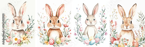 Cute bunny rabbits with Easter eggs and flowers Watercolor Easter bunny collection perfect for spring Easter celebrations Adorable rabbits surrounded by colorful eggs and blossoms Ideal for greeting