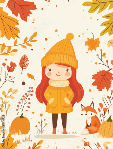 Cute girl with fox enjoying autumn season Fall vibes Illustration Adorable cartoon character with warm clothes surrounded by colorful leaves pumpkins and berries Perfect for childrens books greeting