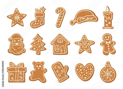 Large set of Christmas gingerbread Winter homemade desserts of different shapes Baking on white background Vector illustration