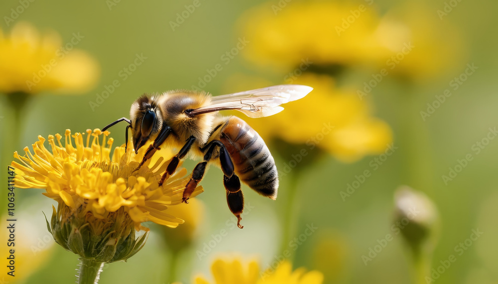 A honeybee collects nectar from vibrant yellow flowers in a lush meadow while the sun shines overhead, showcasing the beauty of nature and pollination A honeybee collects nectar from vibrant yellow flowers in a lush meadow while the sun shines overhead, showcasing the beauty of nature and pollination