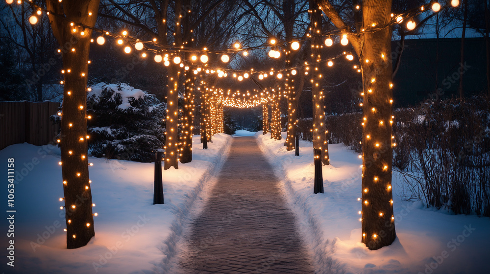 Fototapeta premium A winter scene of a snow-covered path lined with warm white Christmas lights strung between snow-dusted trees. The soft glow creates a magical atmosphere in the quiet landscape.