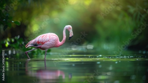 A doflamingo bird wading in calm waters, its long, slender legs and striking pink plumage catching the light, creating a peaceful scene in nature. photo