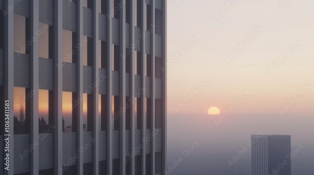 Sunset view behind urban skyscrapers with reflections in glass windows over a hazy skyline.