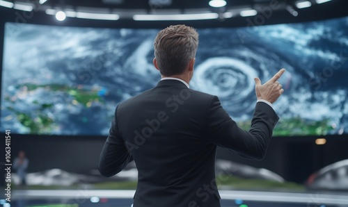 A presenter discusses a hurricane on a large screen in a studio.