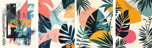 Abstract art background design with tropical leaves and geometric shapes Nature inspired collage art vector illustration Wallpaper poster invitation brochure cover template Contemporary boho style