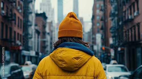 A person in a yellow jacket and orange beanie stands on a city street, looking towards tall buildings in a bustling urban environment.