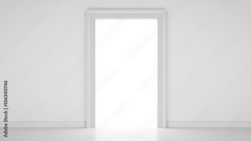 An open white door against a plain white background, empty, exit An open white door against a plain white background, empty, exit