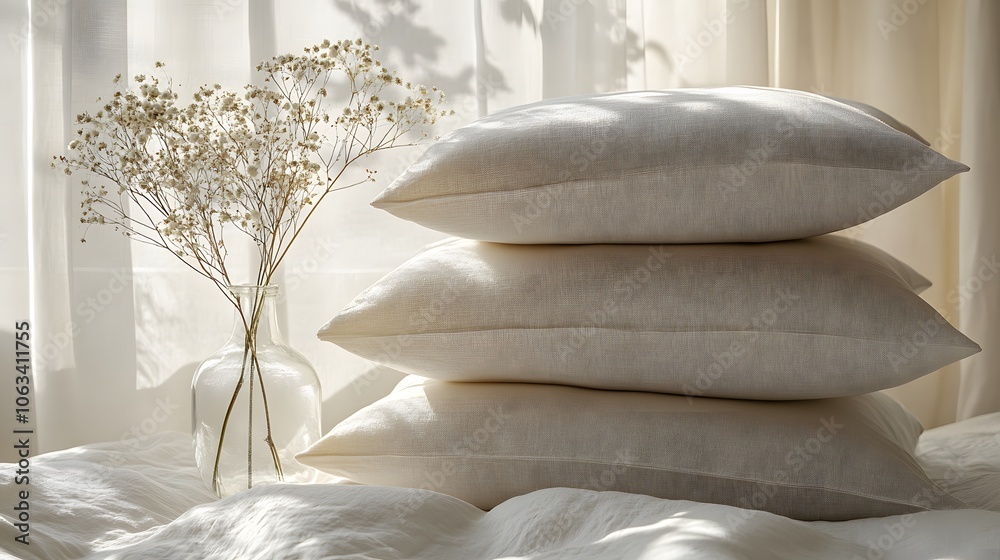 Stacked soft pillows in neutral cream and beige tones with dried flowers, natural sunlight through sheer curtains, creating cozy Scandinavian-style bedroom atmosphere. Stacked soft pillows in neutral cream and beige tones with dried flowers, natural sunlight through sheer curtains, creating cozy Scandinavian-style bedroom atmosphere.