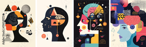 Human head silhouette mental health psychology abstract art concept collection Brain activity neurology healthcare modern medical poster design Creative artistic colorful collage contemporary drawing