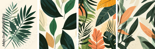 Tropical leaves botanical abstract art print set Minimalist plant nature contemporary design Exotic palm leaf jungle foliage collage Modern trendy home decor Green orange color wall art fashion prints