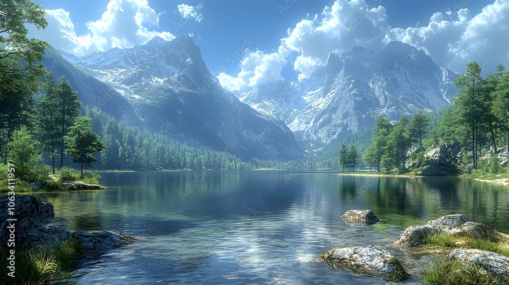 Naklejka premium A breathtaking landscape featuring a serene lake surrounded by lush green forests and majestic mountains, under a clear blue sky dotted with fluffy white clouds.