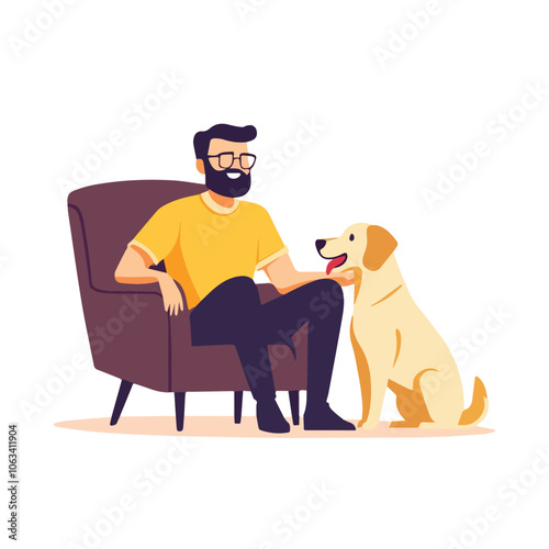 Man sitting on chair with dog Pet love Happy man with his dog Animal care Friendship with pets Man and his best friend Happy pet owner Dog lover Pet adoption Animal shelter Homely atmosphere