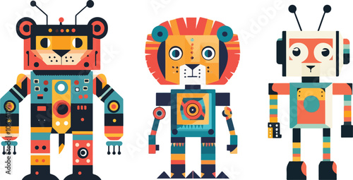 Animal robots illustration colorful design robotic creatures technology animal robot lion tiger bear mechanicals engineering kids toys playful geometric shapes cartoon modern art