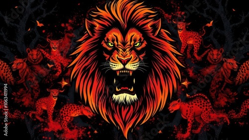 Artistic lion in vibrant colors standing majestically on a black background, majestic, background photo