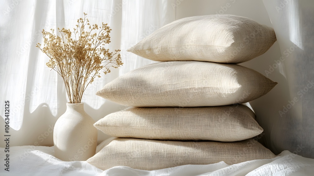 Stacked soft pillows in neutral cream and beige tones with dried flowers, natural sunlight through sheer curtains, creating cozy Scandinavian-style bedroom atmosphere. Stacked soft pillows in neutral cream and beige tones with dried flowers, natural sunlight through sheer curtains, creating cozy Scandinavian-style bedroom atmosphere.