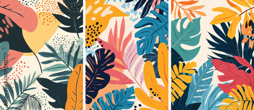 Tropical leaves background Colorful botanical pattern Abstract floral design Summer vibe Jungle foliage Exotic plants backdrop Nature inspired artwork Vibrant colors Trendy illustration Modern art photo