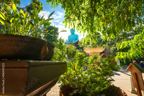 The Great Buddha Simulate (Daibutsu or Great Buddha of Kamakura) stucco Buddha statue at Wat Phra That Doi Phra Chan in the city of Mae Tha in Lampang North of Thailand, travel Unseen Thailand