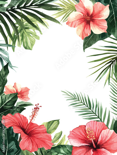 Tropical frame with hibiscus flowers and palm leaves Exotic floral border design Jungle foliage background Summer nature decoration Hawaii luau party invitation template Botanical illustration