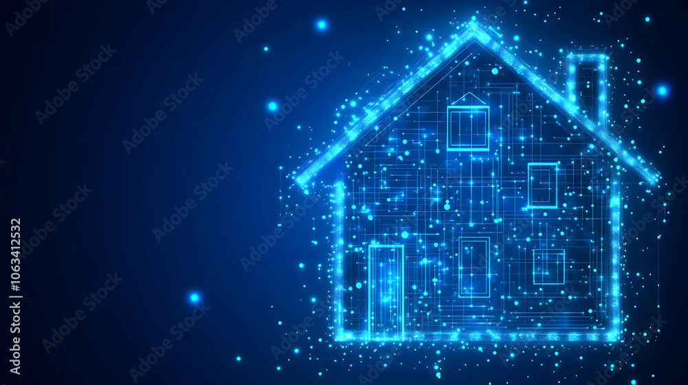 Smart Home Technology Concept with Glowing Lines and Dots, home automation, futuristic, digital, network, connection Smart Home Technology Concept with Glowing Lines and Dots, home automation, futuristic, digital, network, connection