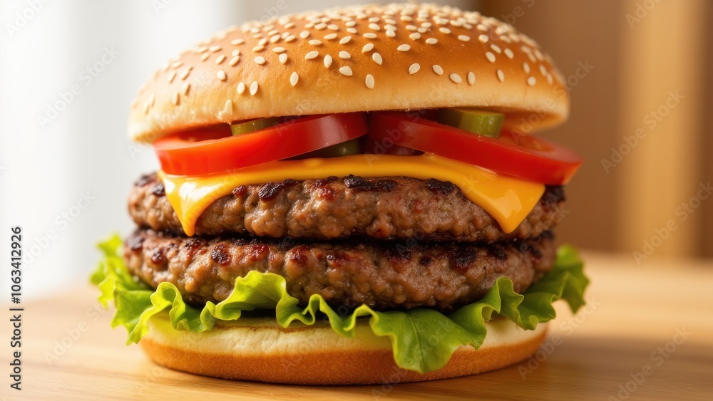 A hamburger with cheese, lettuce, tomatoes, and onions A hamburger with cheese, lettuce, tomatoes, and onions
