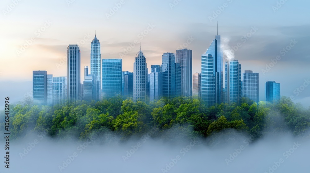 Fototapeta premium A city skyline blending into a forest, representing the integration of business and sustainability