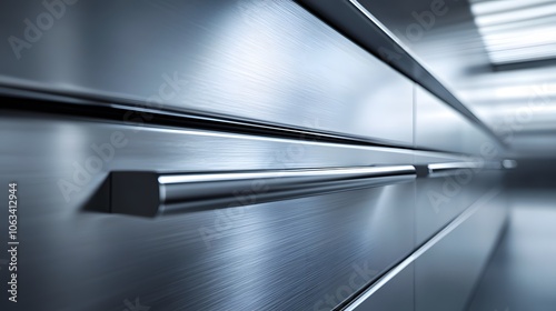 Wallpaper Mural Close-up of stainless steel kitchen cabinet drawers with brushed metal finish and modern hardware handles, featuring sleek minimalist design and reflective surfaces. Torontodigital.ca