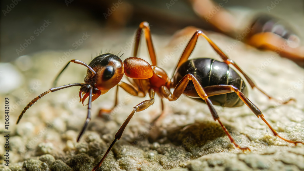 An ant is seen actively exploring a textured surface, showcasing its intricate body parts and vibrant colors in a natural habitat illuminated by sunlight An ant is seen actively exploring a textured surface, showcasing its intricate body parts and vibrant colors in a natural habitat illuminated by sunlight