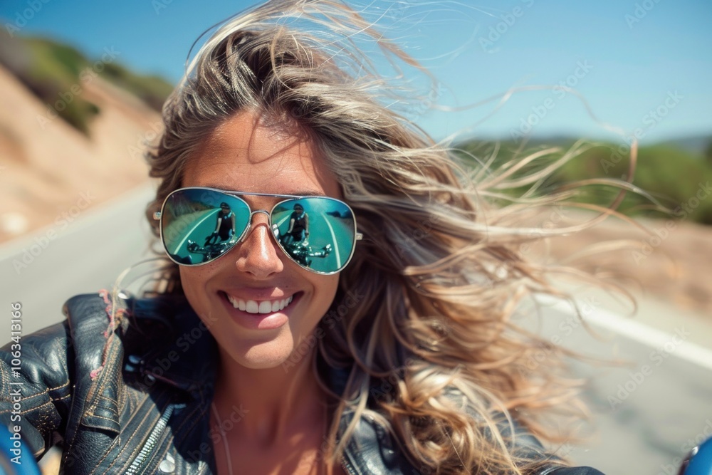 Woman enjoying road trip with wind in hair and reflected scenery in sunglasses. Woman enjoying road trip with wind in hair and reflected scenery in sunglasses.