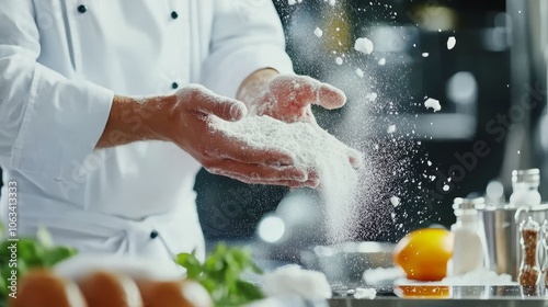 A joyful baker claps his hands covered in flour, celebrating a successful baking session in a bustling restaurant kitchen, showcasing culinary enthusiasm and skill photo