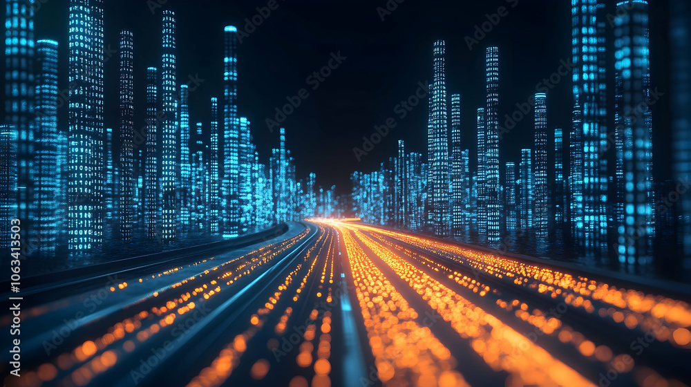 Fototapeta premium Digital Cityscape with Road and Lights, futuristic city, neon city, glowing city, city lights, urban cityscape